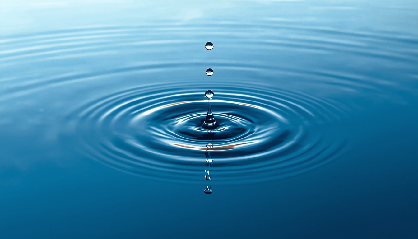 Serene water droplets creating ripples in calm blue water