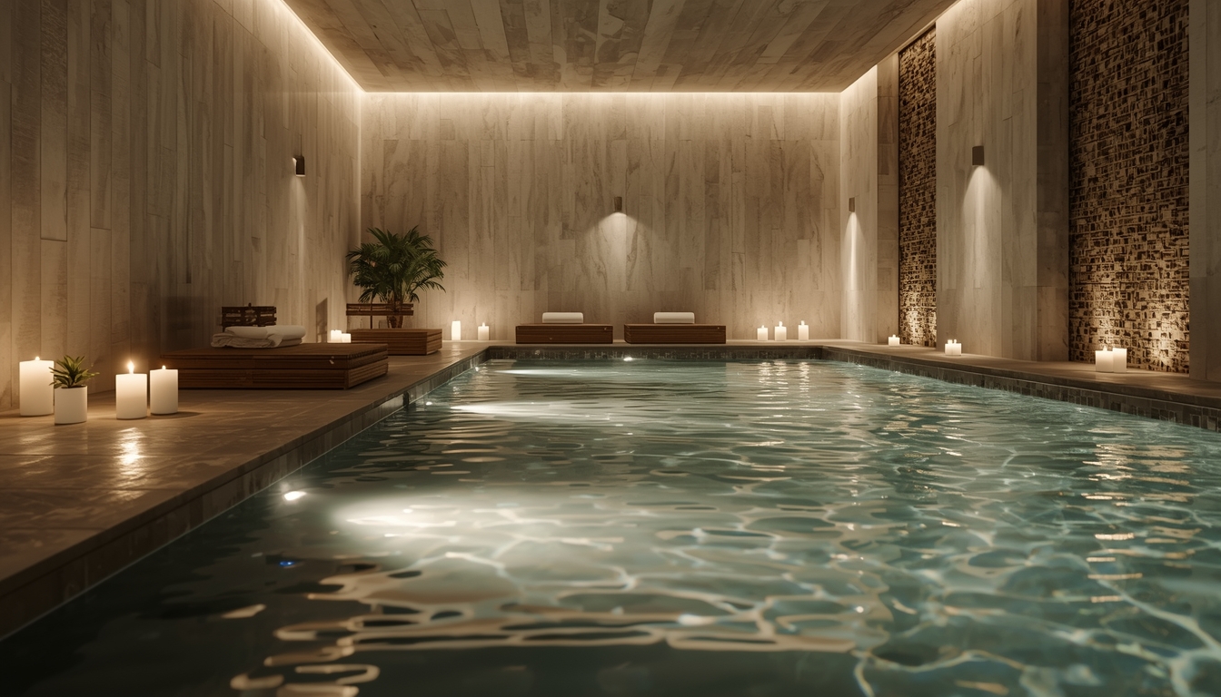 Peaceful spa environment with natural water elements and soft lighting