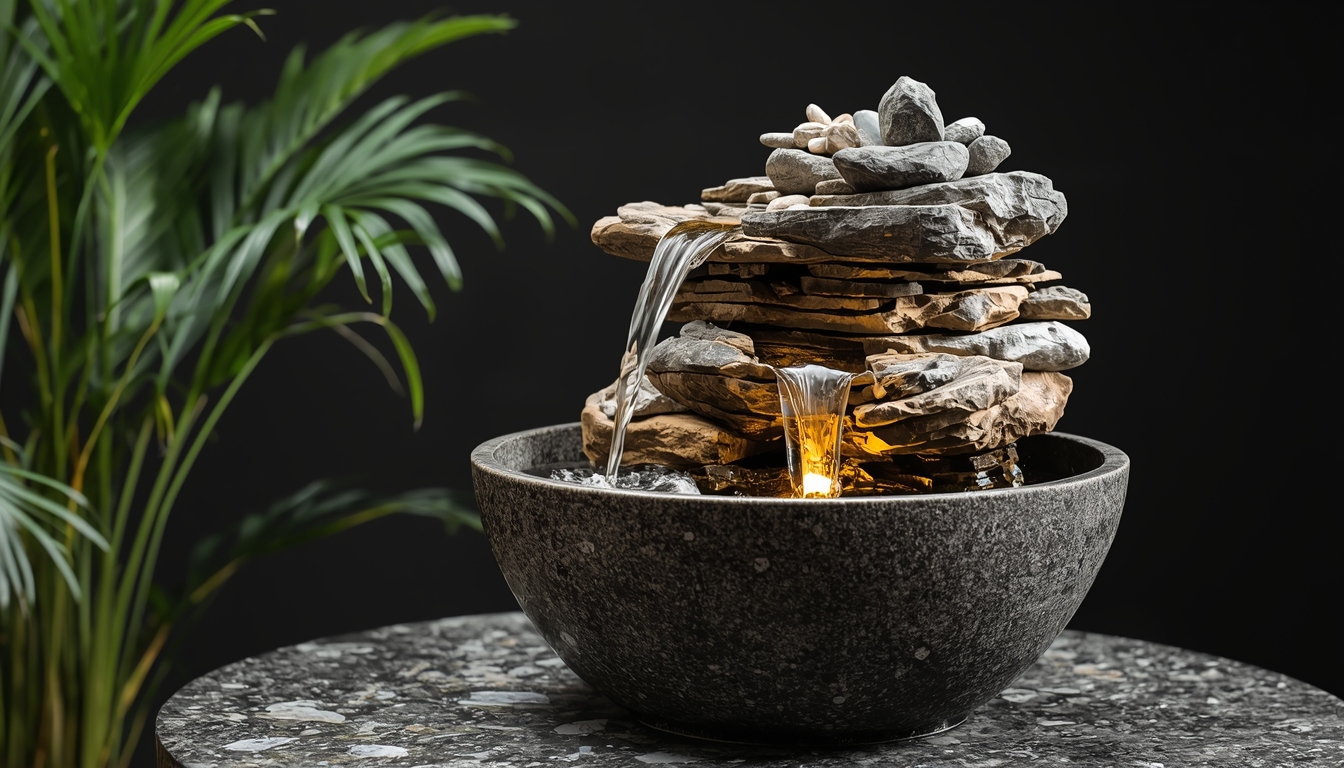 Elegant tabletop water fountain with LED lighting and natural stones